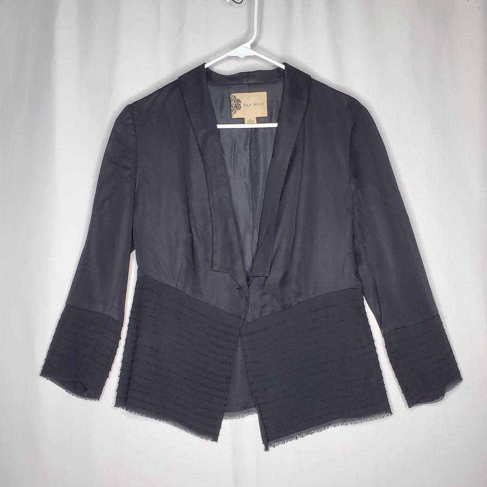 Anthropologie Fleur Wood Blazer Women Small Astra Black Layer Fringe One Button